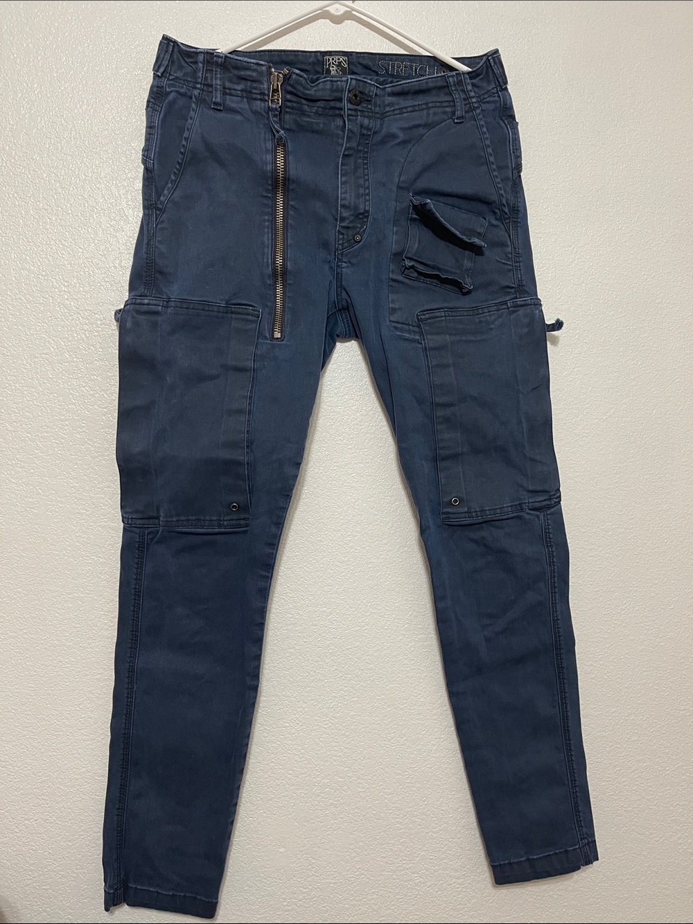 PRPS Men's Faded Blue Utility Cargo Pants with Vertical Zip Fly
